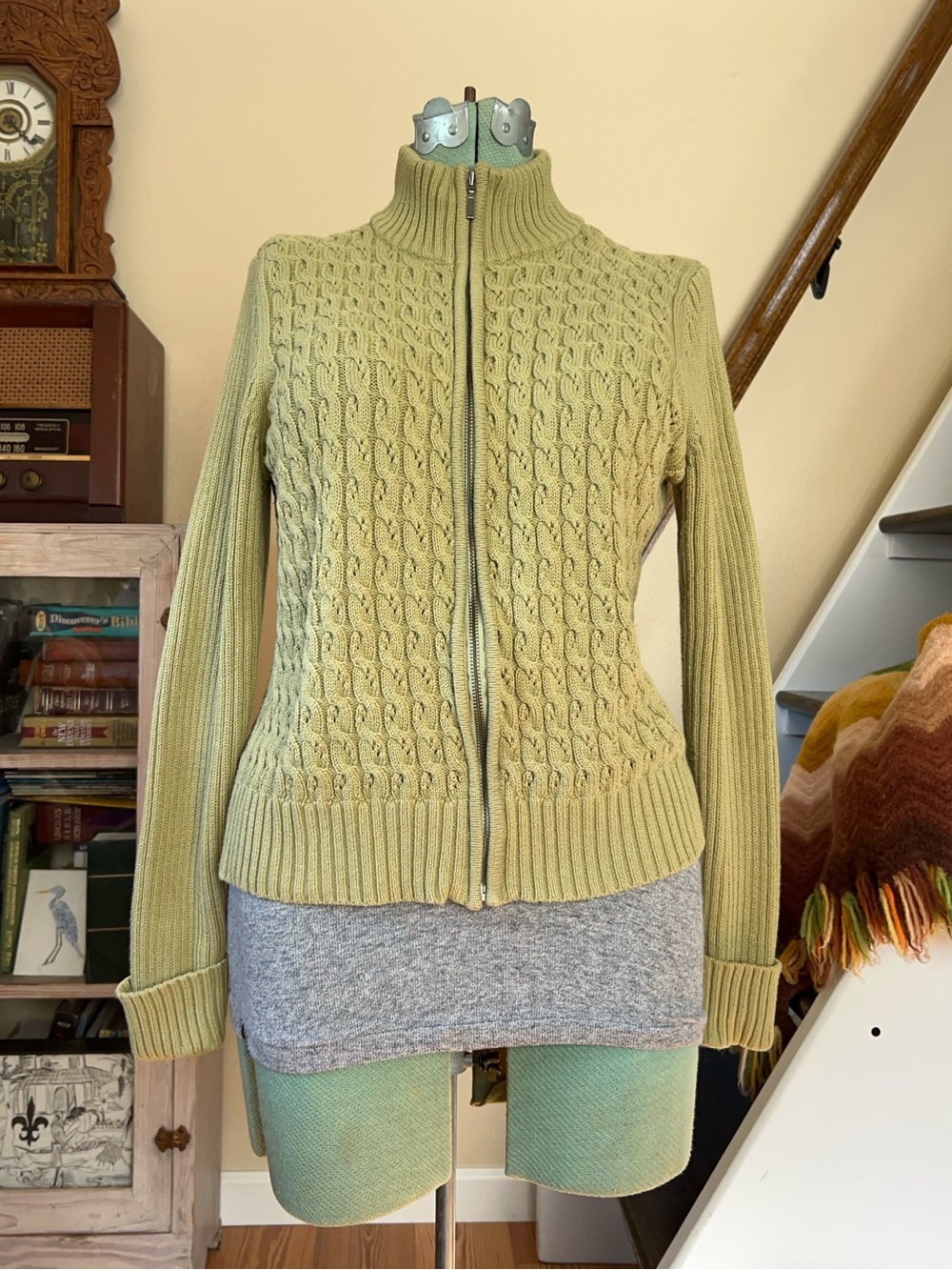 Vintage Y2K Eagle’s Eye Green Cotton Cable Knit Ribbed Mock Neck Zip-Up Sweater